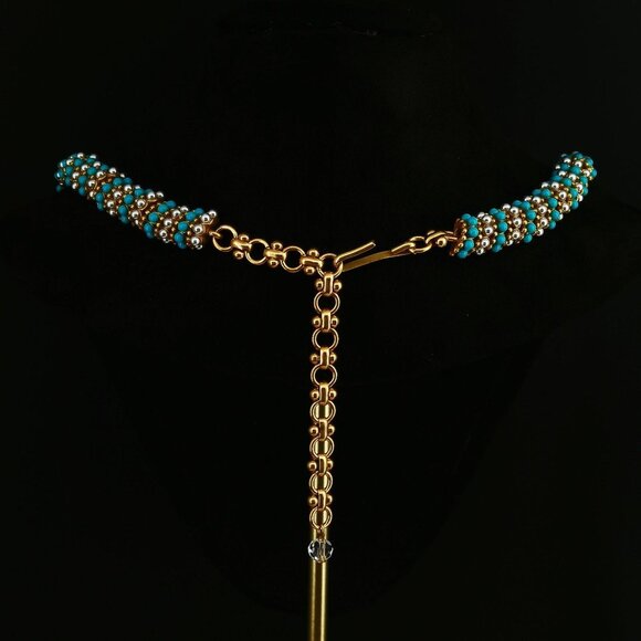 Beaded Snake Chain Necklace - Faux Pearl & Turquoise Blue Statement! - Picture 3 of 4